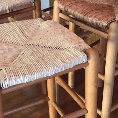 Vintage Set of 4 Wood and Woven Seat Bar Stools
