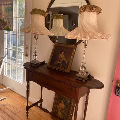 Lot # 655 Antique Table with Lamps, Mirror, Artwork