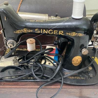 Lot # 665 Antique Singer Sewing Machine with supplies