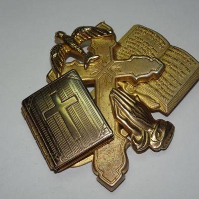 Sweet Religious Craft Pin, Cross, Bible, Praying Hands, Dove, Holy Spirit Brooch