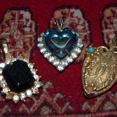 3 Misc. Pendant Charms, Blue Diamond with Rhinestones, Black Diamond with Rhinestones, Victorian Style Charm Pendant 