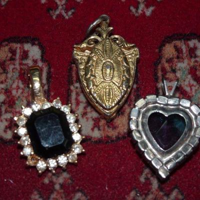 3 Misc. Pendant Charms, Blue Diamond with Rhinestones, Black Diamond with Rhinestones, Victorian Style Charm Pendant 