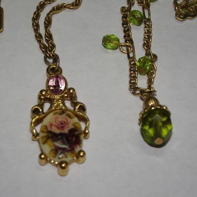 1928 Jewelry, 2 Necklaces, Victorian Rose Pendant Drop Necklace, Peridot Colored Droplet Necklace 