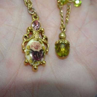 1928 Jewelry, 2 Necklaces, Victorian Rose Pendant Drop Necklace, Peridot Colored Droplet Necklace 