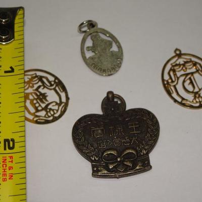 4 Misc. Vintage Charms, Letter Charms, Religious Charm, Chinese Pendant Crown Charm 