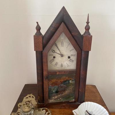 Lot # 693 Steeple Clock with Inkwell and china 