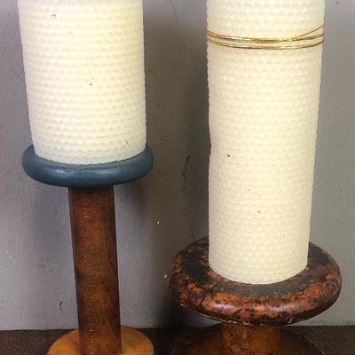 #115 2 old Spools with Beeswax Candles 