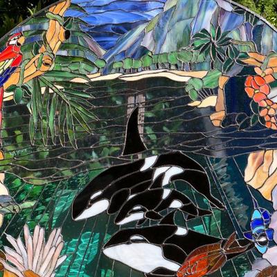 Gorgeous 36 Inch Diameter Circle Stained Glass Window of an Ocean Paradise 