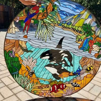Gorgeous 36 Inch Diameter Circle Stained Glass Window of an Ocean Paradise 