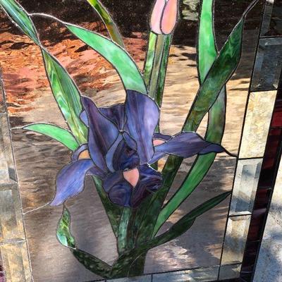 Beautiful Purple Iris Large 47 x 23 Inch Rectangle Stained Glass Window