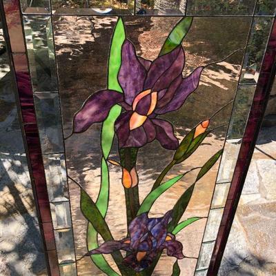 Beautiful Purple Iris Large 47 x 23 Inch Rectangle Stained Glass Window