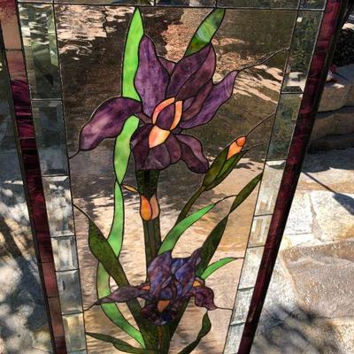 Beautiful Purple Iris Large 47 x 23 Inch Rectangle Stained Glass Window