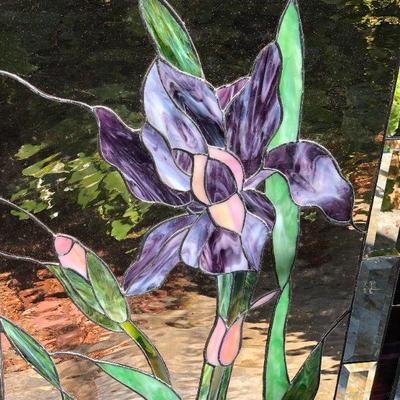 Beautiful Purple Iris Large 47 x 23 Inch Rectangle Stained Glass Window