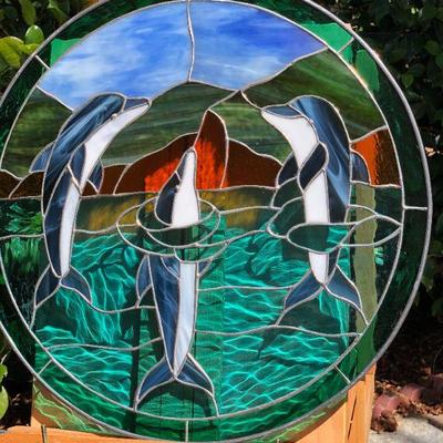 Dolphins Swimming in the Ocean 19 Inch Diameter Circle Stained Glass Window