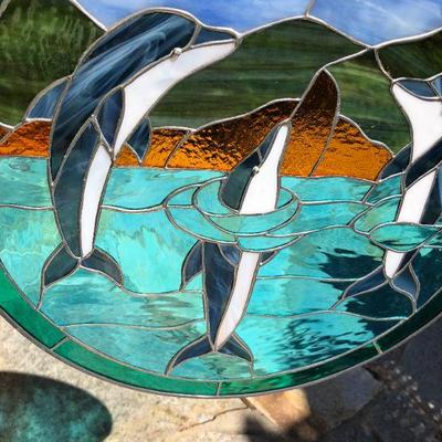 Dolphins Swimming in the Ocean 19 Inch Diameter Circle Stained Glass Window