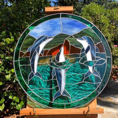 Dolphins Swimming in the Ocean 19 Inch Diameter Circle Stained Glass Window