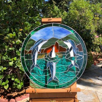 Dolphins Swimming in the Ocean 19 Inch Diameter Circle Stained Glass Window