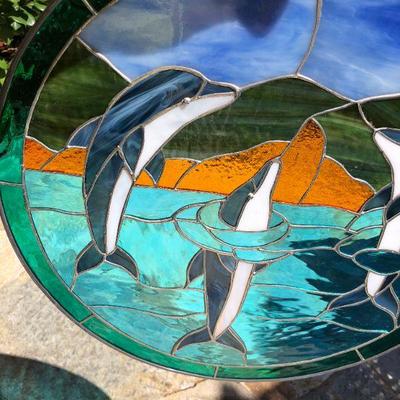 Dolphins Swimming in the Ocean 19 Inch Diameter Circle Stained Glass Window