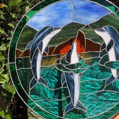 Dolphins Swimming in the Ocean 19 Inch Diameter Circle Stained Glass Window