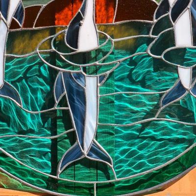 Dolphins Swimming in the Ocean 19 Inch Diameter Circle Stained Glass Window