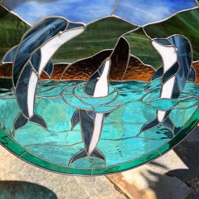 Dolphins Swimming in the Ocean 19 Inch Diameter Circle Stained Glass Window