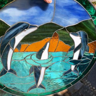 Dolphins Swimming in the Ocean 19 Inch Diameter Circle Stained Glass Window