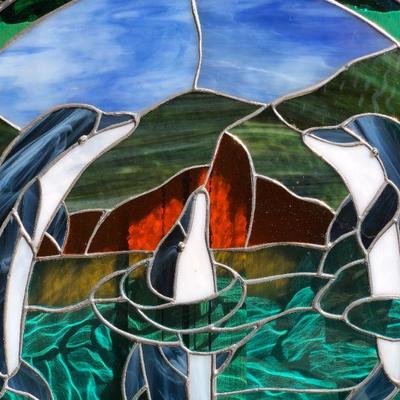 Dolphins Swimming in the Ocean 19 Inch Diameter Circle Stained Glass Window