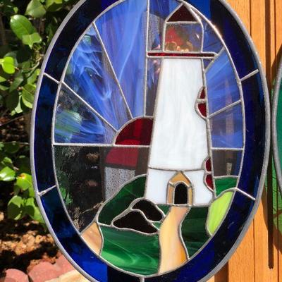 Pair of Beautiful Lighthouse Coastal Scene Stained Glass Oval Windows