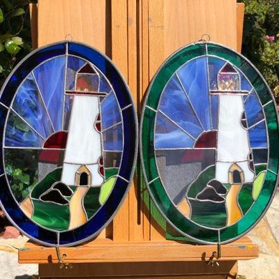 Pair of Beautiful Lighthouse Coastal Scene Stained Glass Oval Windows