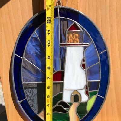 Pair of Beautiful Lighthouse Coastal Scene Stained Glass Oval Windows