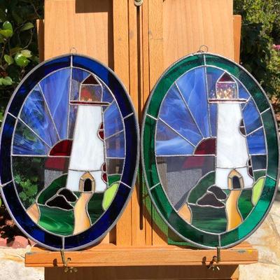 Pair of Beautiful Lighthouse Coastal Scene Stained Glass Oval Windows