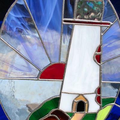Pair of Beautiful Lighthouse Coastal Scene Stained Glass Oval Windows