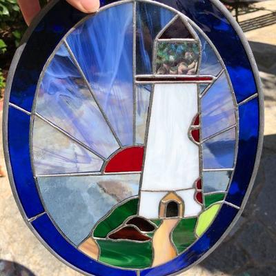 Pair of Beautiful Lighthouse Coastal Scene Stained Glass Oval Windows