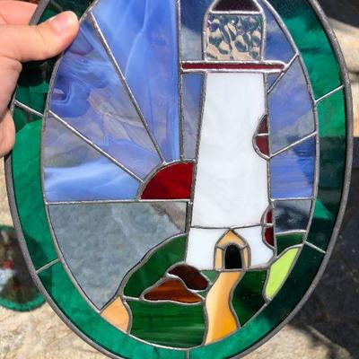 Pair of Beautiful Lighthouse Coastal Scene Stained Glass Oval Windows