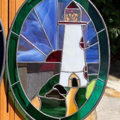 Pair of Beautiful Lighthouse Coastal Scene Stained Glass Oval Windows