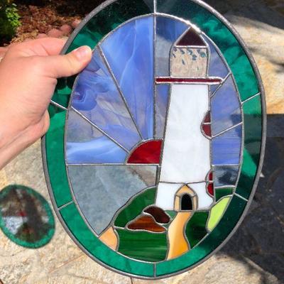 Pair of Beautiful Lighthouse Coastal Scene Stained Glass Oval Windows