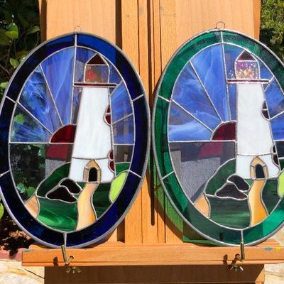 Pair of Beautiful Lighthouse Coastal Scene Stained Glass Oval Windows