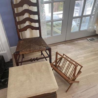 Lot # 712 Ladder-back Chair, Footstool and magazine rack 