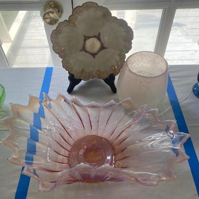 Lot # 714 Pink Opalescent Glass bowl and Oyster Plate 