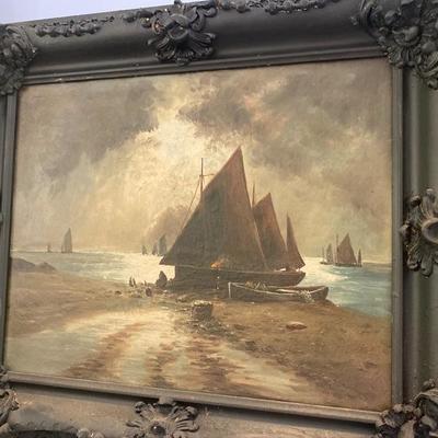 Lot # 716 Antique Oil Painting â€œ Ships in the Moonlightâ€ 
