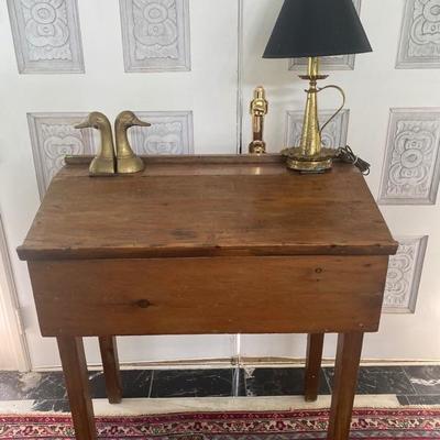 Lot # 722 Antique Primitive Pine Slant Front Desk with Lamp 