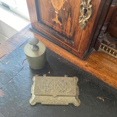 Lot # 735 Antique Inlaid Ladies Desk with chair and decor 