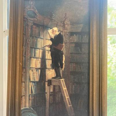 Lot # 742 Library print on board and wood carving 