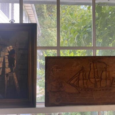 Lot # 742 Library print on board and wood carving 