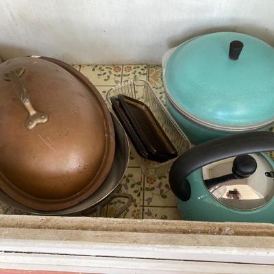 Lot # 809 Vintage Copper Oval baking pan with pottery and stockpot 