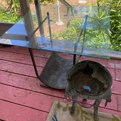 Lot #838 Metal base glass top table and stand 