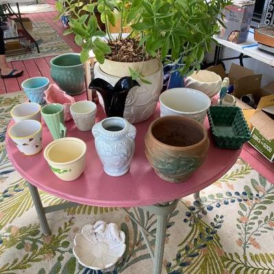 Lot # 840 vintage McCoy, Roseville, garden flower pots with table 