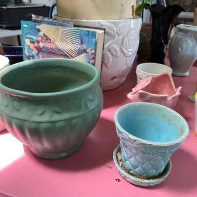 Lot # 840 vintage McCoy, Roseville, garden flower pots with table 