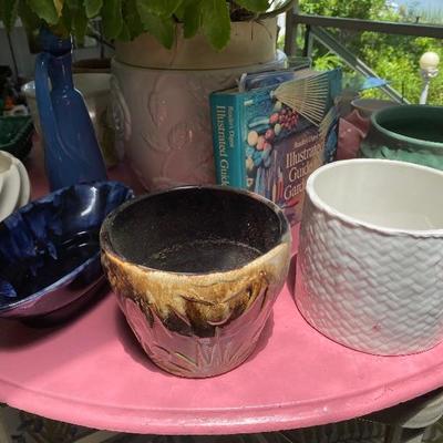 Lot # 840 vintage McCoy, Roseville, garden flower pots with table 