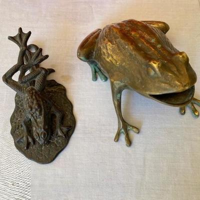 Lot # 852 Antique Frog Clip and Brass Statue 